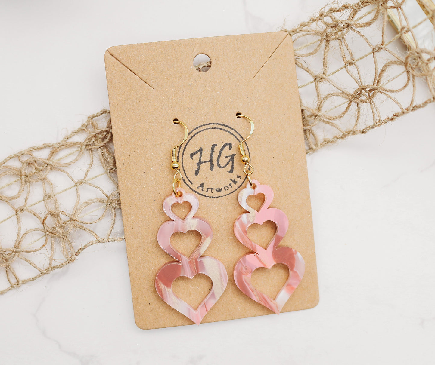 Valentine Hearts/Trio Hearts/Stacked in Love Drop Earrings Pink Marble