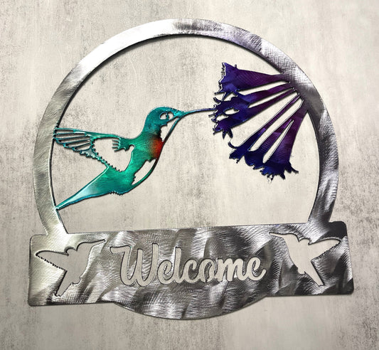 Hummingbird Welcome Sign 12 3/4" x 12 3/4" Colored Steel