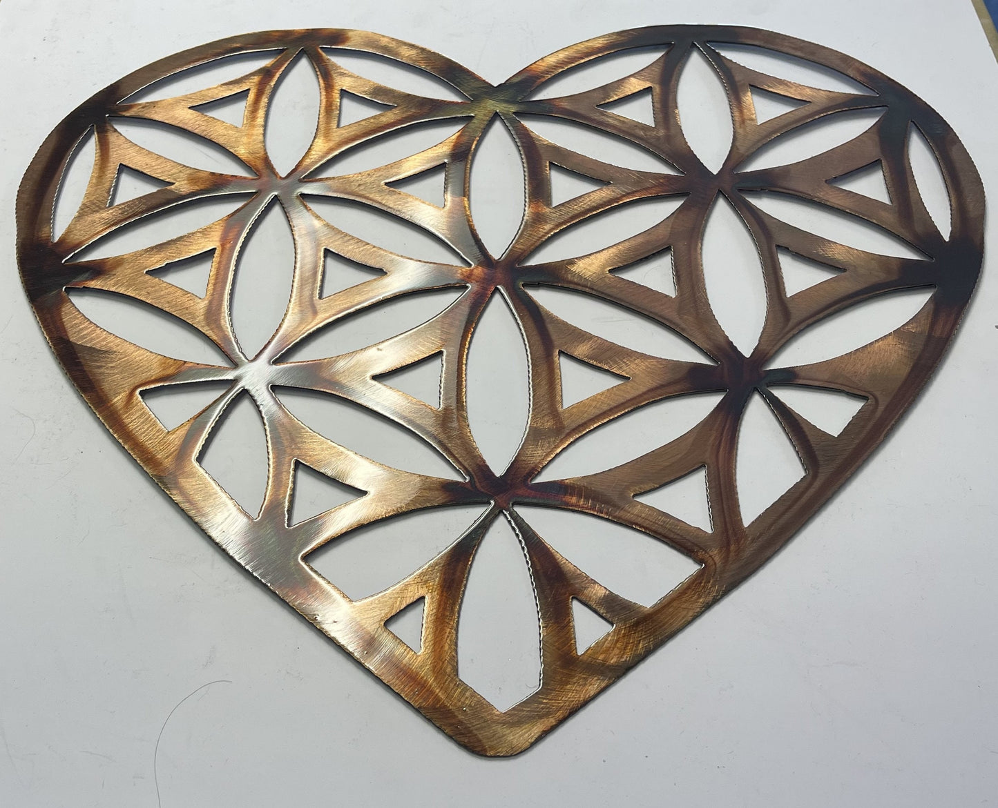 Heart Shaped Flower of Life Metal Wall Art Decor Copper/Bronze 20" x 18"