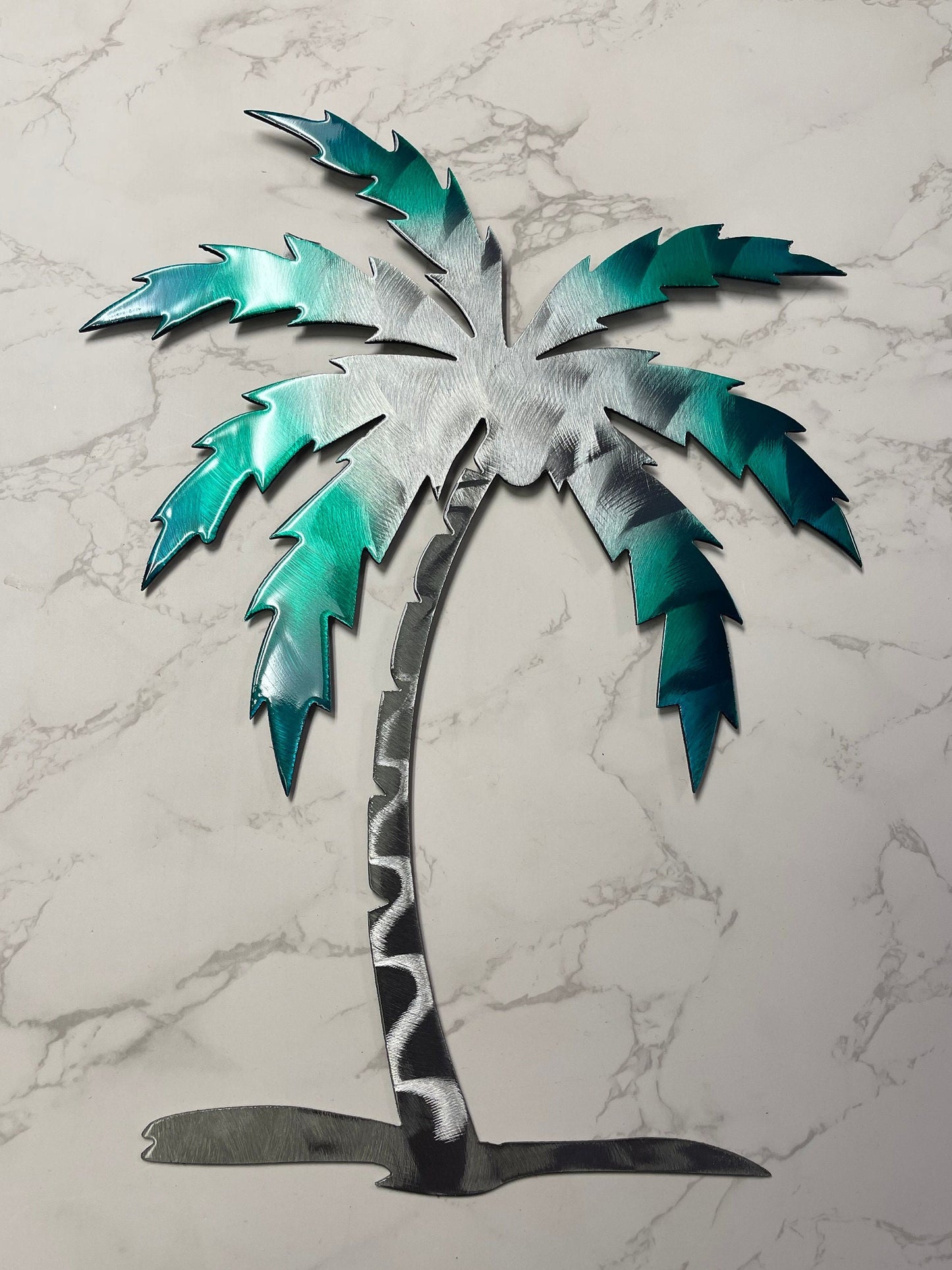 Palm Tree Metal Wall Art 12" to 36" tall, teal tinged finish