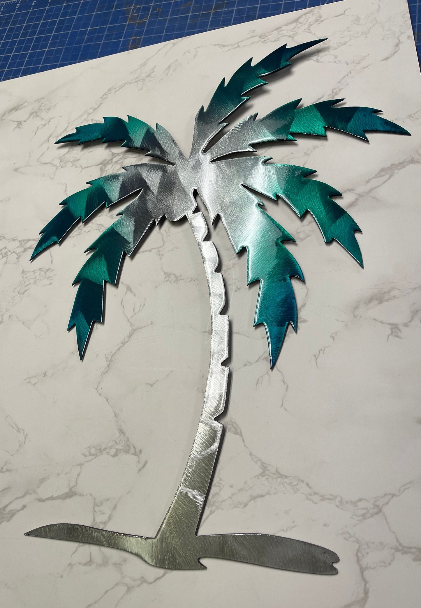 Palm Tree Metal Wall Art 12" to 36" tall, teal tinged finish