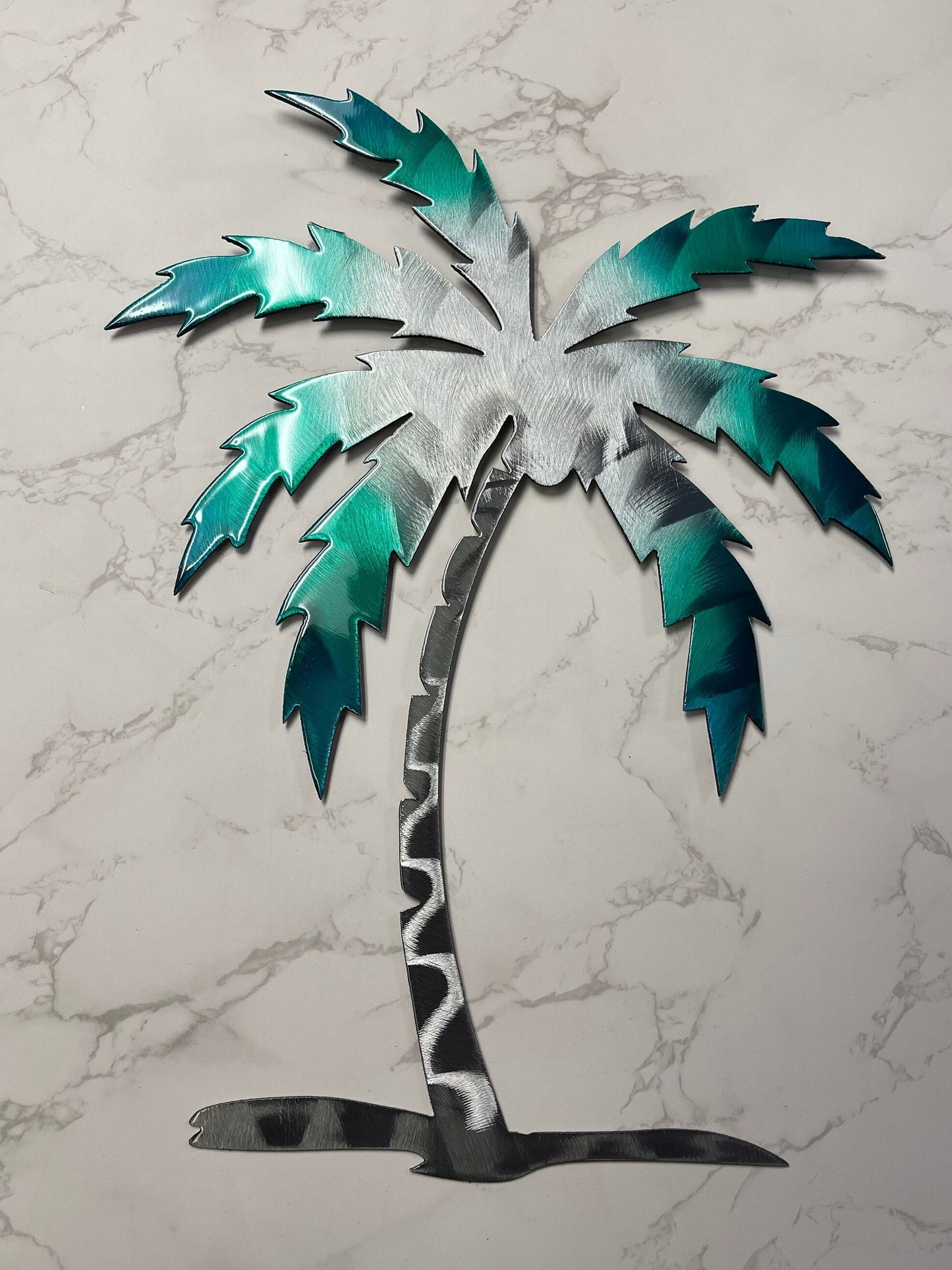 Palm Tree Metal Wall Art 12" to 36" tall, teal tinged finish