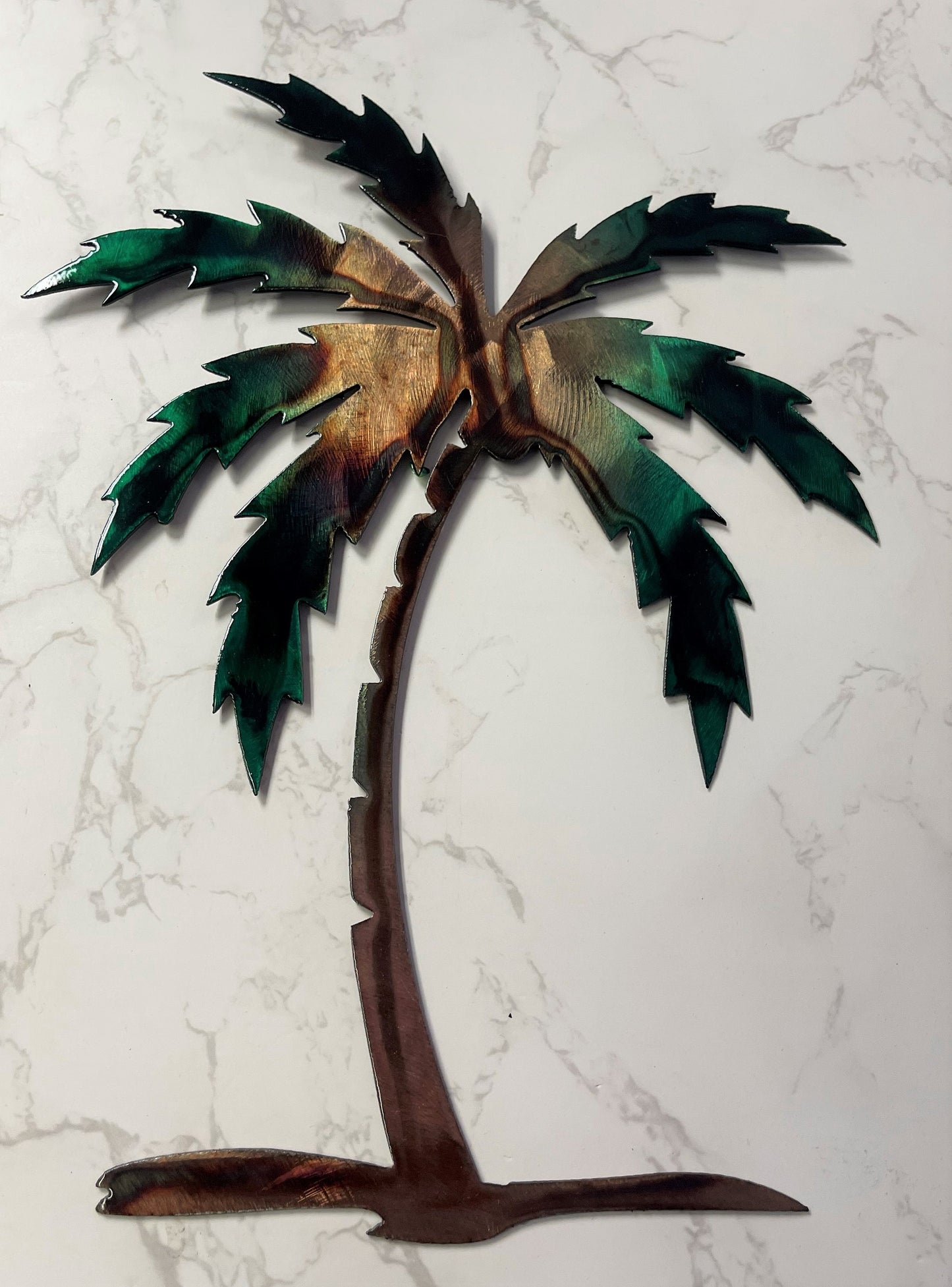 Palm Tree Metal Wall Art 12" to 44" tall, copper and bronzed plated and green tinged