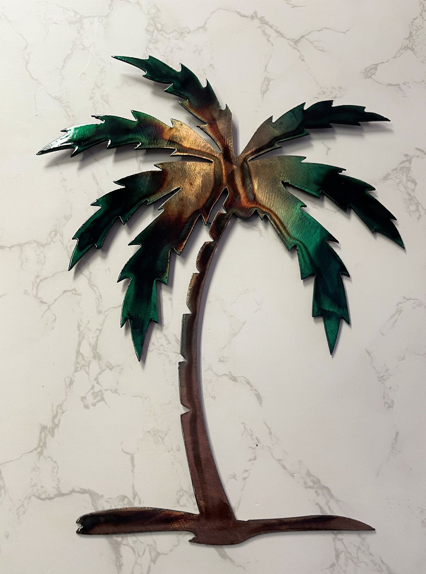 Palm Tree Metal Wall Art 12" to 44" tall, copper and bronzed plated and green tinged