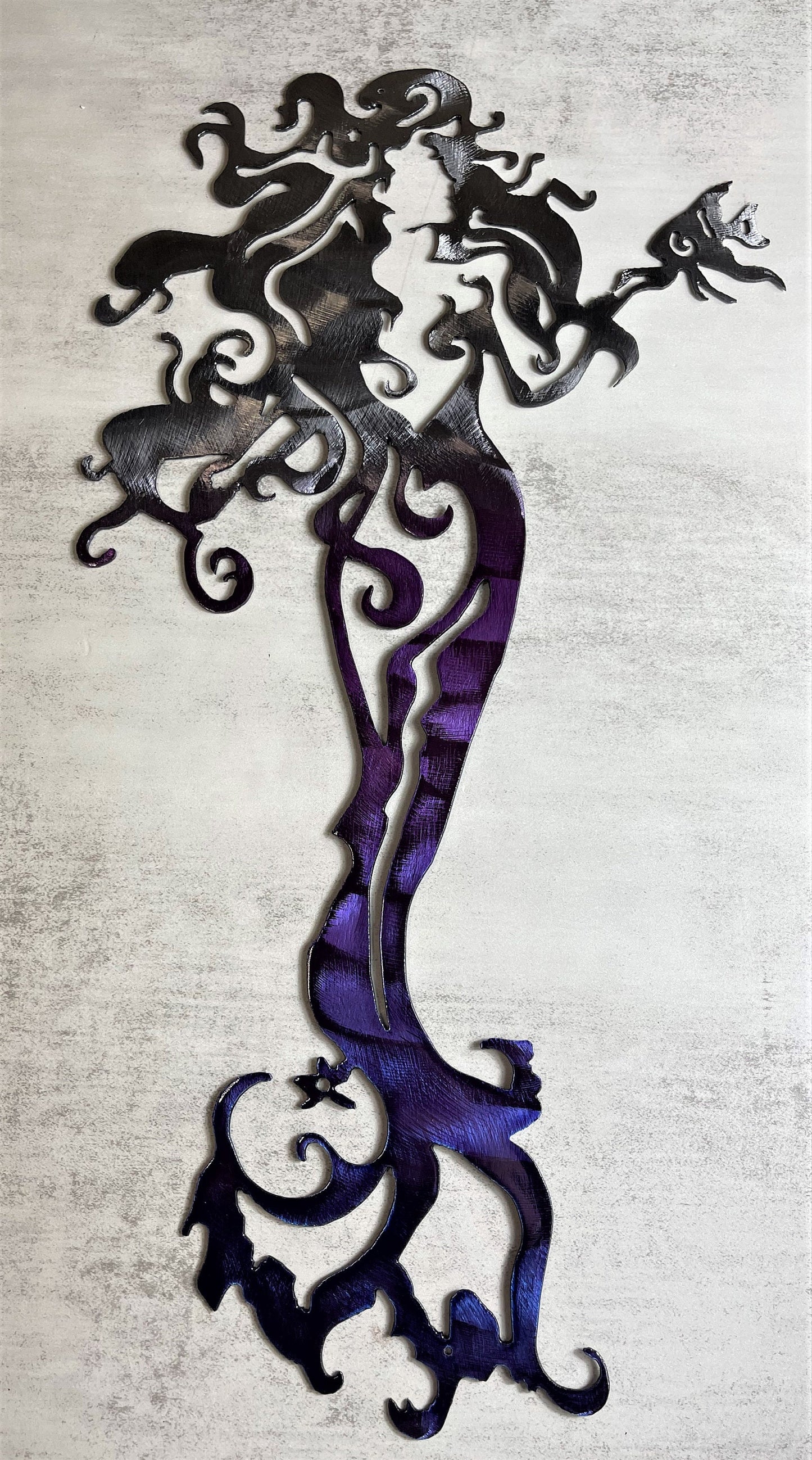 Tall Mermaid with a Fish - Metal Wall Art  Purple Tinged