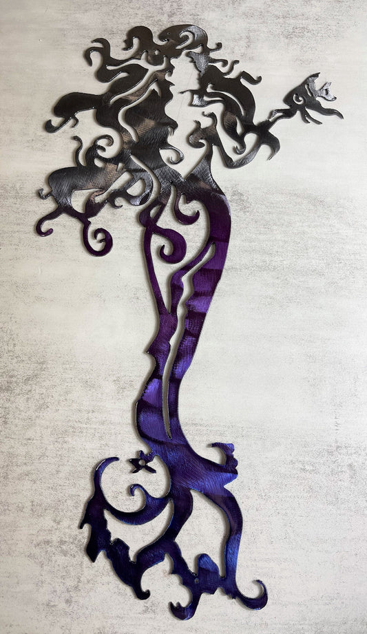 Tall Mermaid with a Fish - Metal Wall Art  Purple Tinged