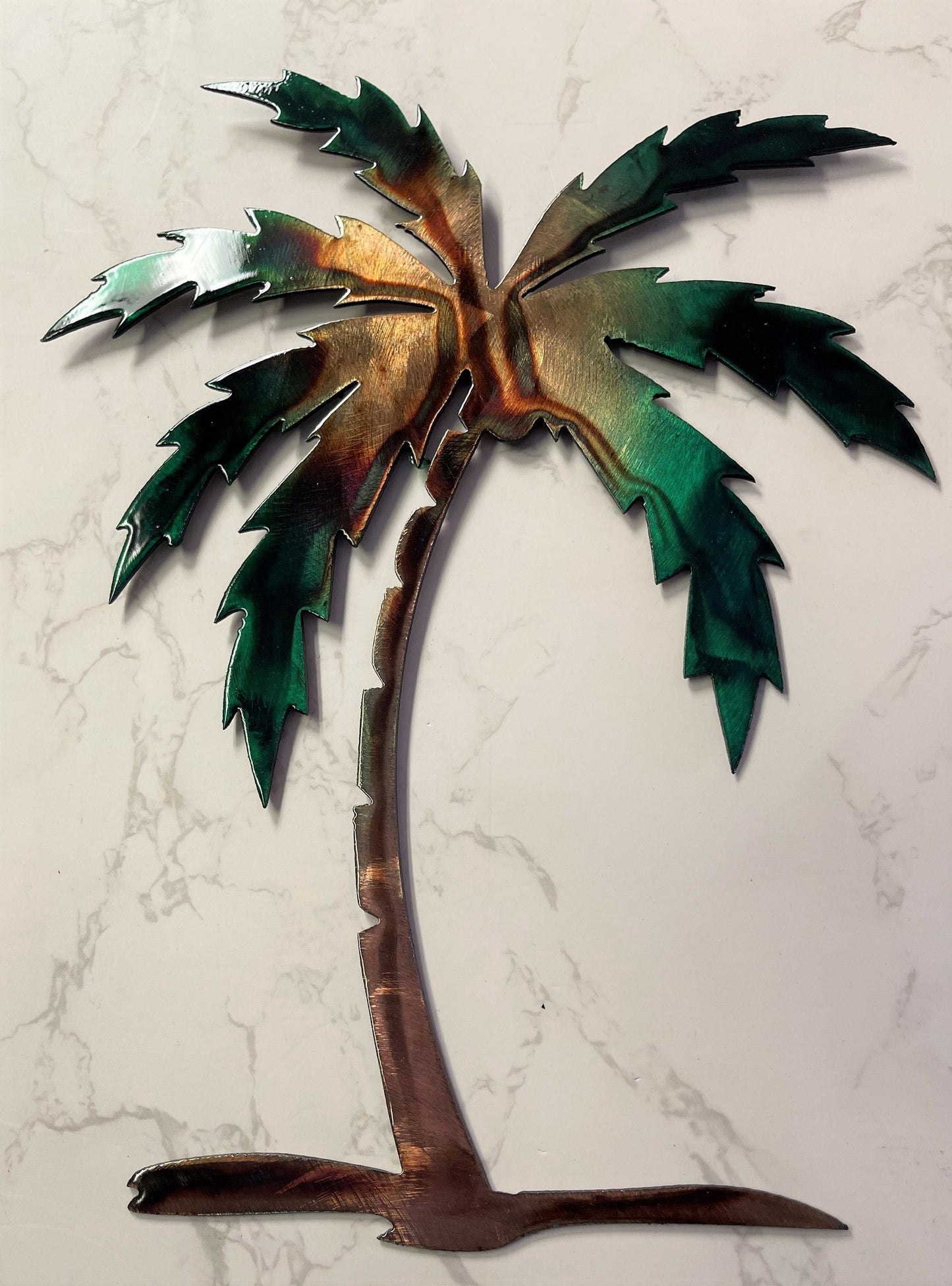 Palm Tree Metal Wall Art 12" to 44" tall, copper and bronzed plated and green tinged