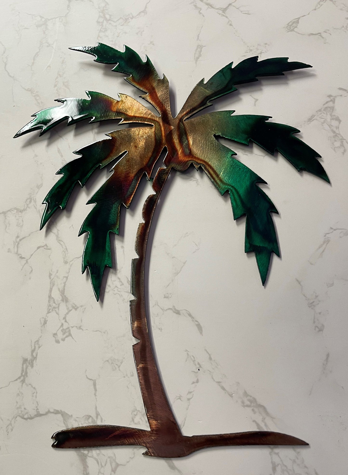 Palm Tree Metal Wall Art 12" to 44" tall, copper and bronzed plated and green tinged