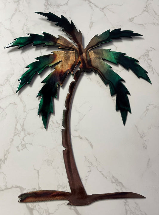 Palm Tree Metal Wall Art 12" to 44" tall, copper and bronzed plated and green tinged