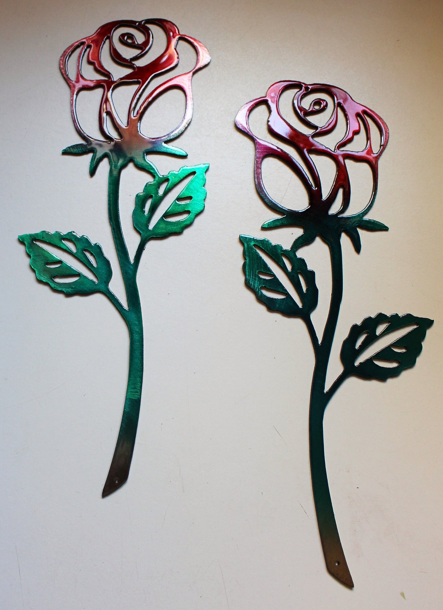 Rose Metal Wall Art Accent Red & Green Pair of Roses 12" x 5"