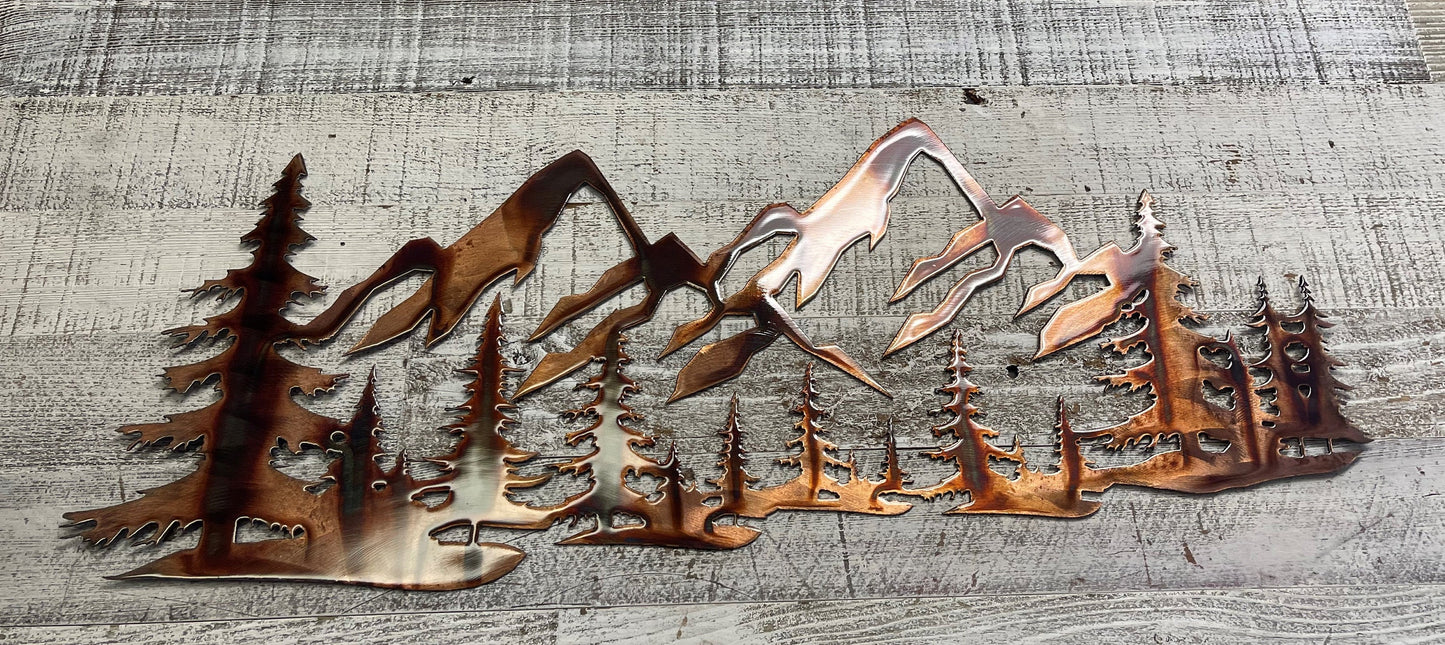 Copper Plated Metal Art Scene - Trees and Mountains