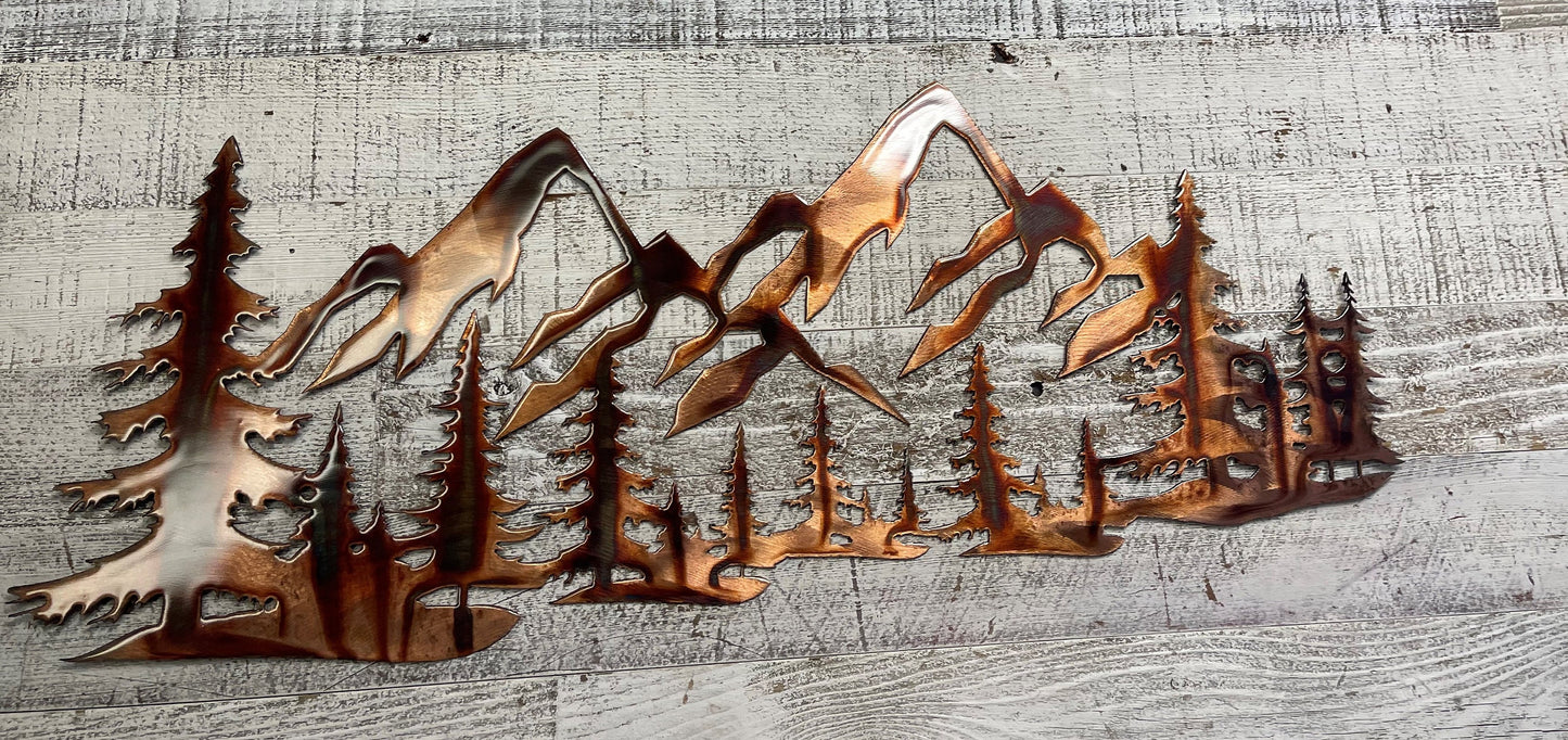 Copper Plated Metal Art Scene - Trees and Mountains