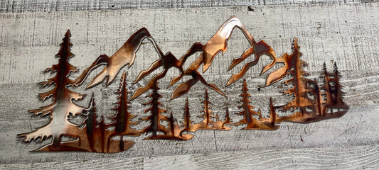 Copper Plated Metal Art Scene - Trees and Mountains