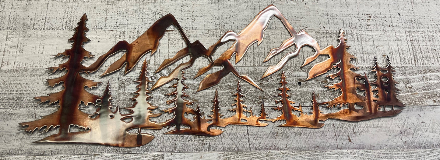 Copper Plated Metal Art Scene - Trees and Mountains