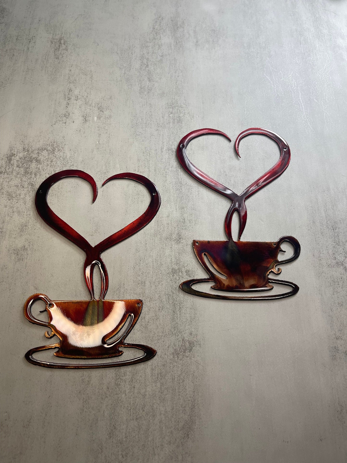 Steamed with Love Coffee Cup Copper and Bronzed Red Mirrored Pair 9 3/4" x 6 1/2"ea