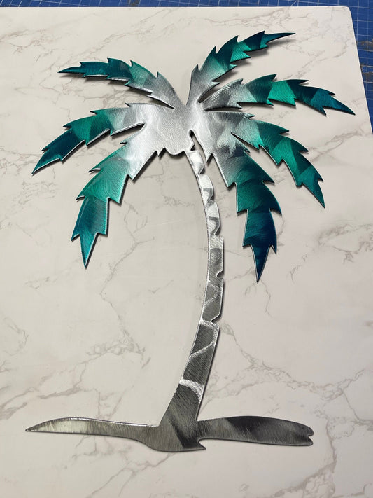 Palm Tree Metal Wall Art 12" to 36" tall, teal tinged finish