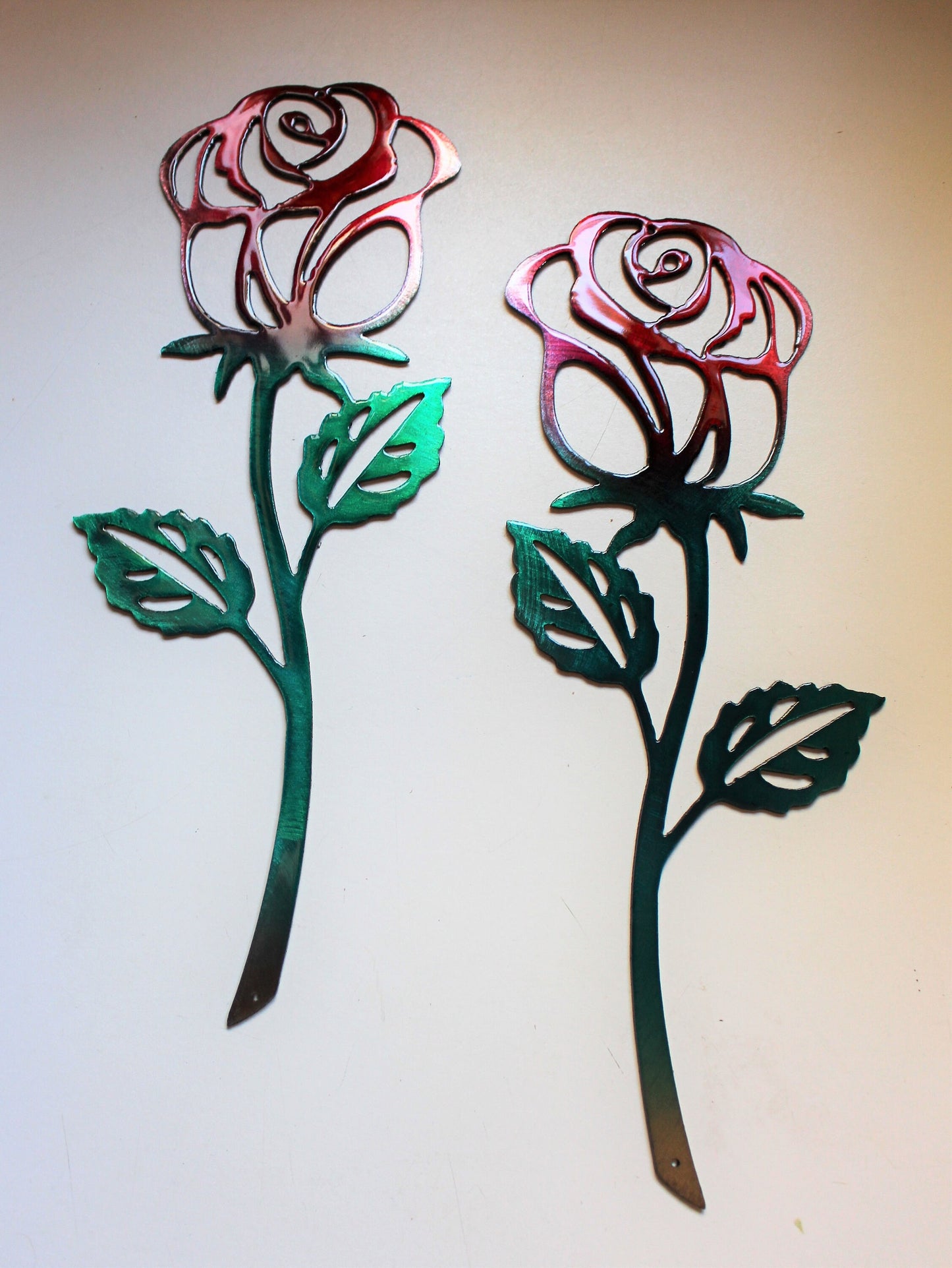 Rose Metal Wall Art Accent Red & Green Pair of Roses 12" x 5"