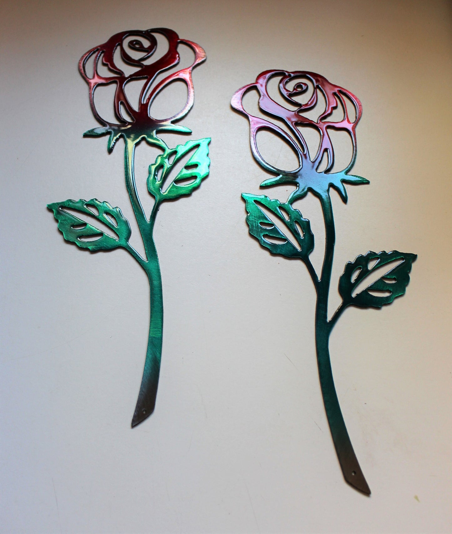 Rose Metal Wall Art Accent Red & Green Pair of Roses 12" x 5"