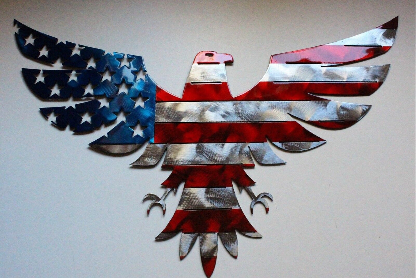 Patriotic American Bald Eagle - Metal Wall Art - Red, Silver, & Blue 22" x 12"