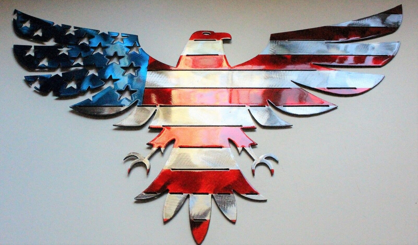 Patriotic American Bald Eagle - Metal Wall Art - Red, Silver, & Blue 22" x 12"