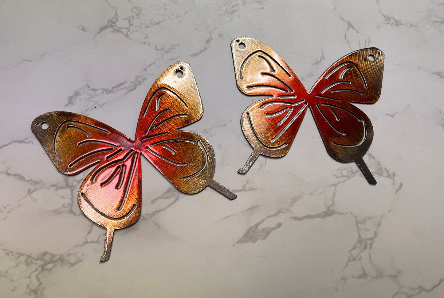 Butterfly Orange Yellow Tinged Pair Metal Wall Art Décor 6" x 6" each