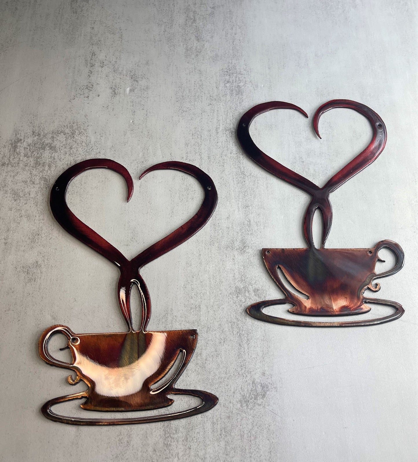 Steamed with Love Coffee Cup Copper and Bronzed Red Mirrored Pair 9 3/4" x 6 1/2"ea