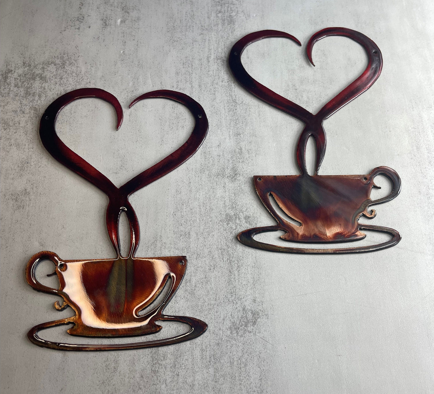 Steamed with Love Coffee Cup Copper and Bronzed Red Mirrored Pair 9 3/4" x 6 1/2"ea