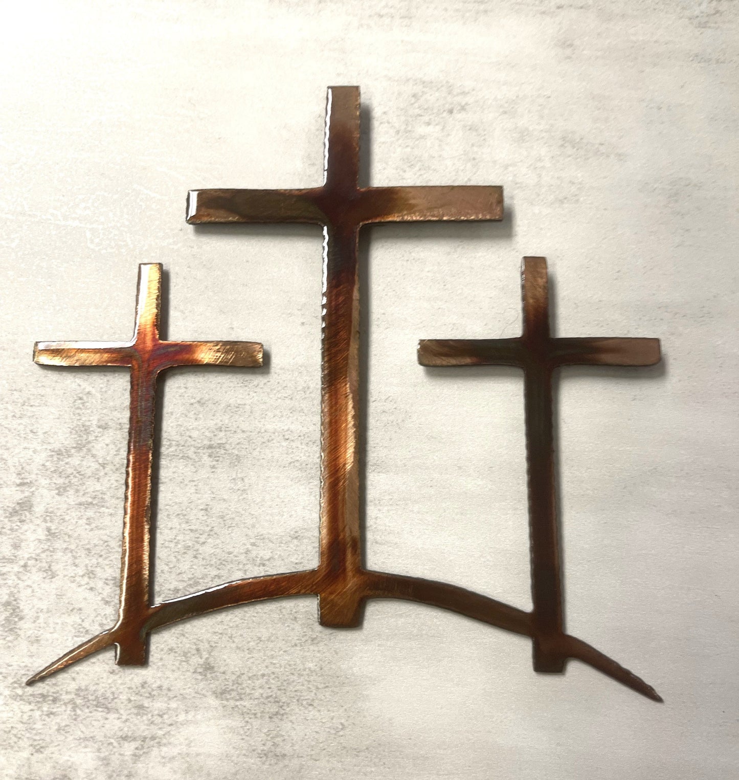 Three Crosses on a Hill Metal Wall Art - Copper and Bronzed Plated