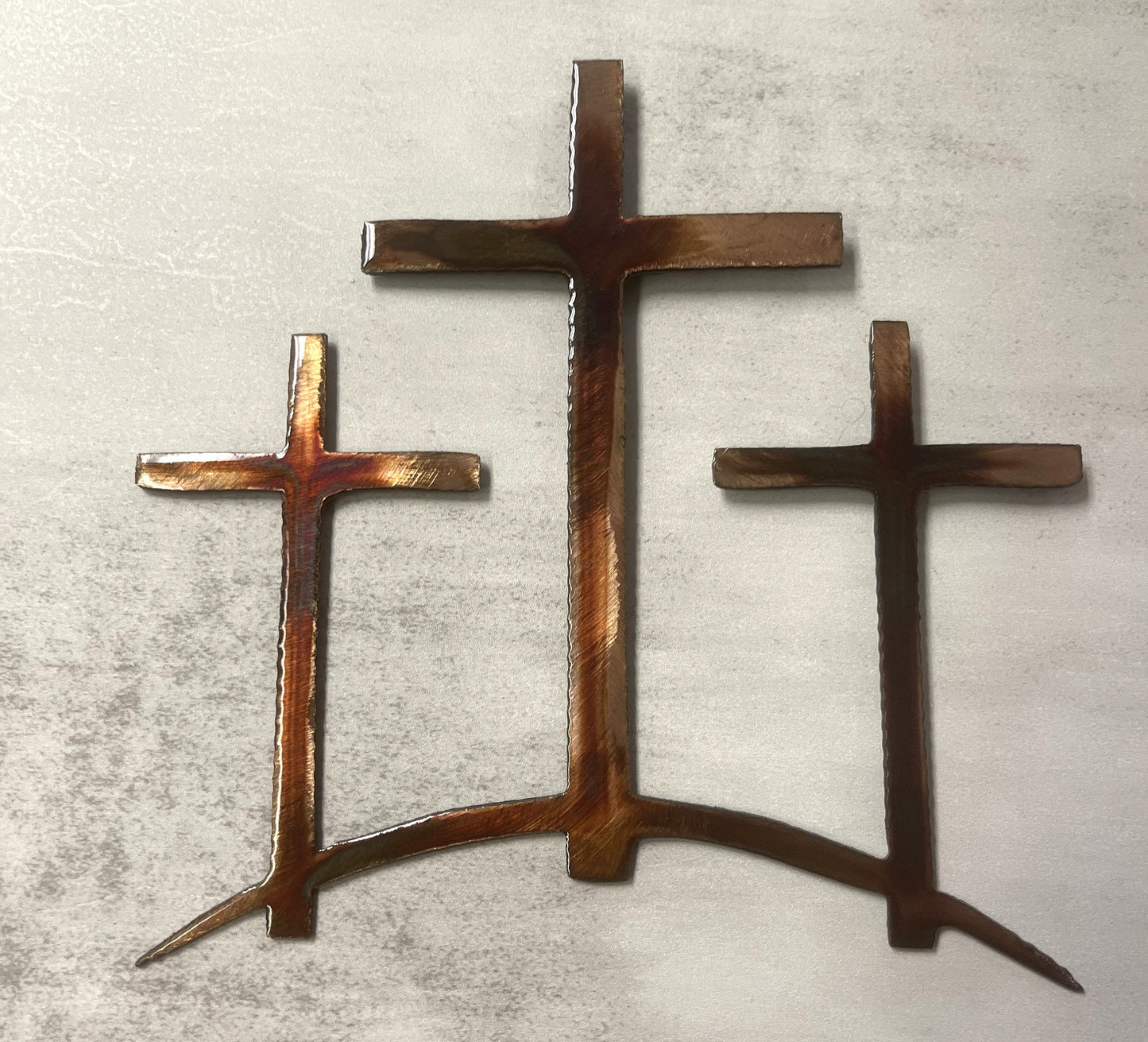 Three Crosses on a Hill Metal Wall Art - Copper and Bronzed Plated