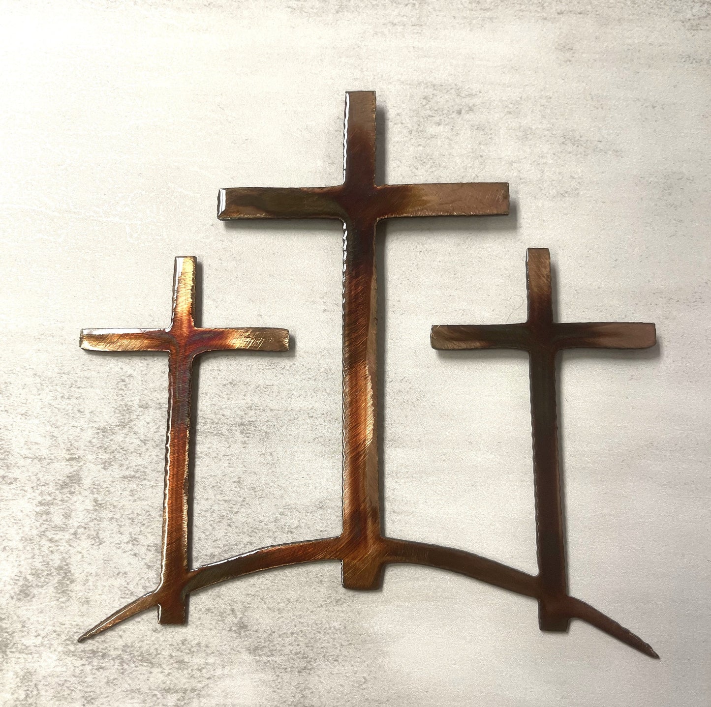 Three Crosses on a Hill Metal Wall Art - Copper and Bronzed Plated