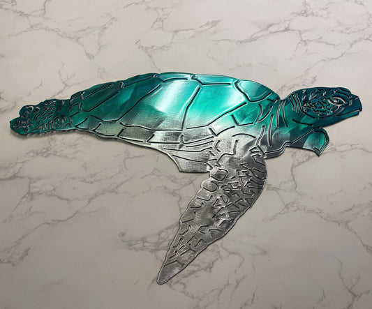 Aquatic Sea Turtle Metal Décor Wall Art Accent  Teal Tainted finish