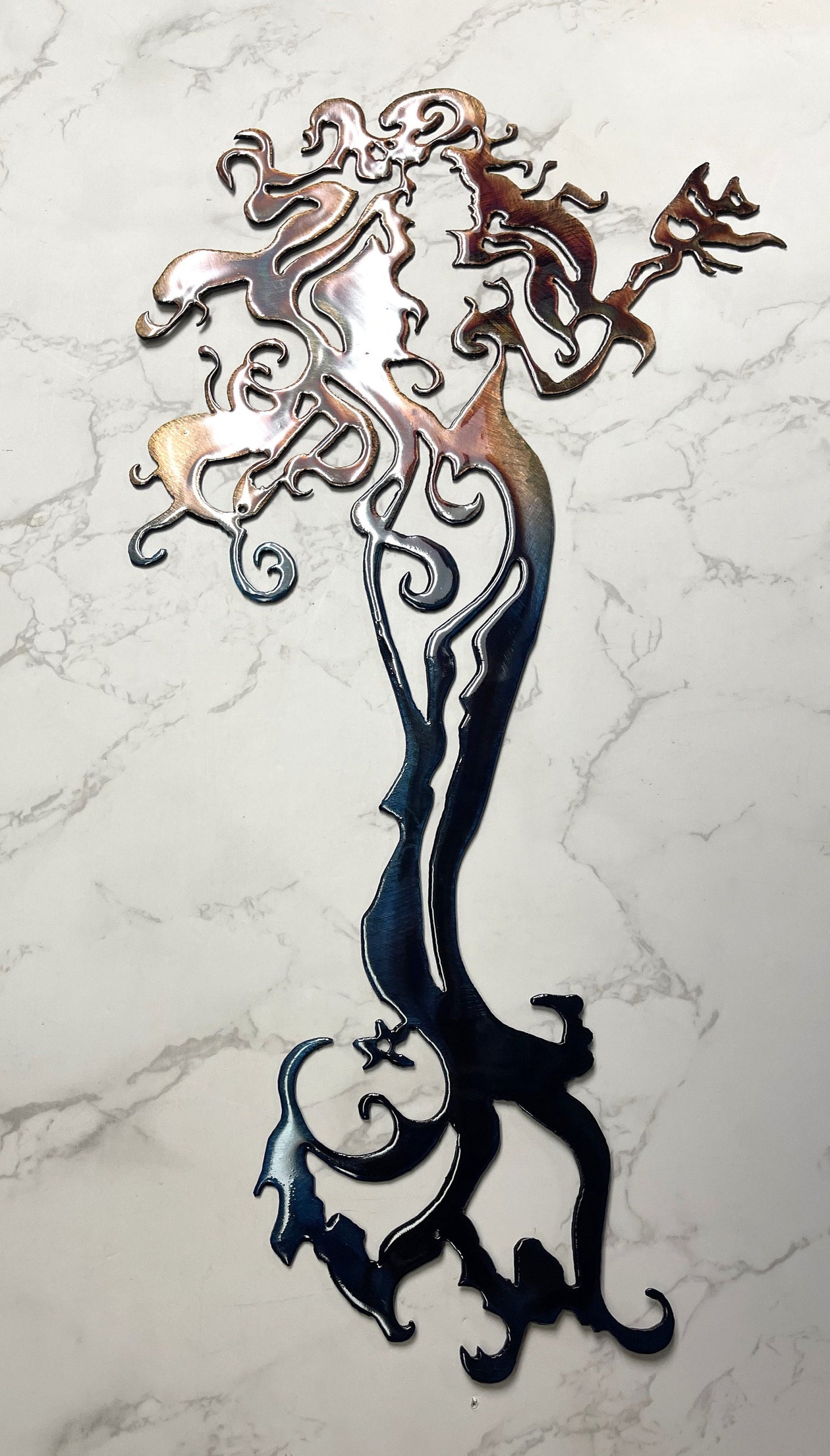 Mermaid Metal Wall Art Tall with Fish Copper and Bronzed and Blue Tinged