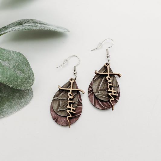 Faithful Cross Charms: Dangle Earrings with Faux Leather Backing