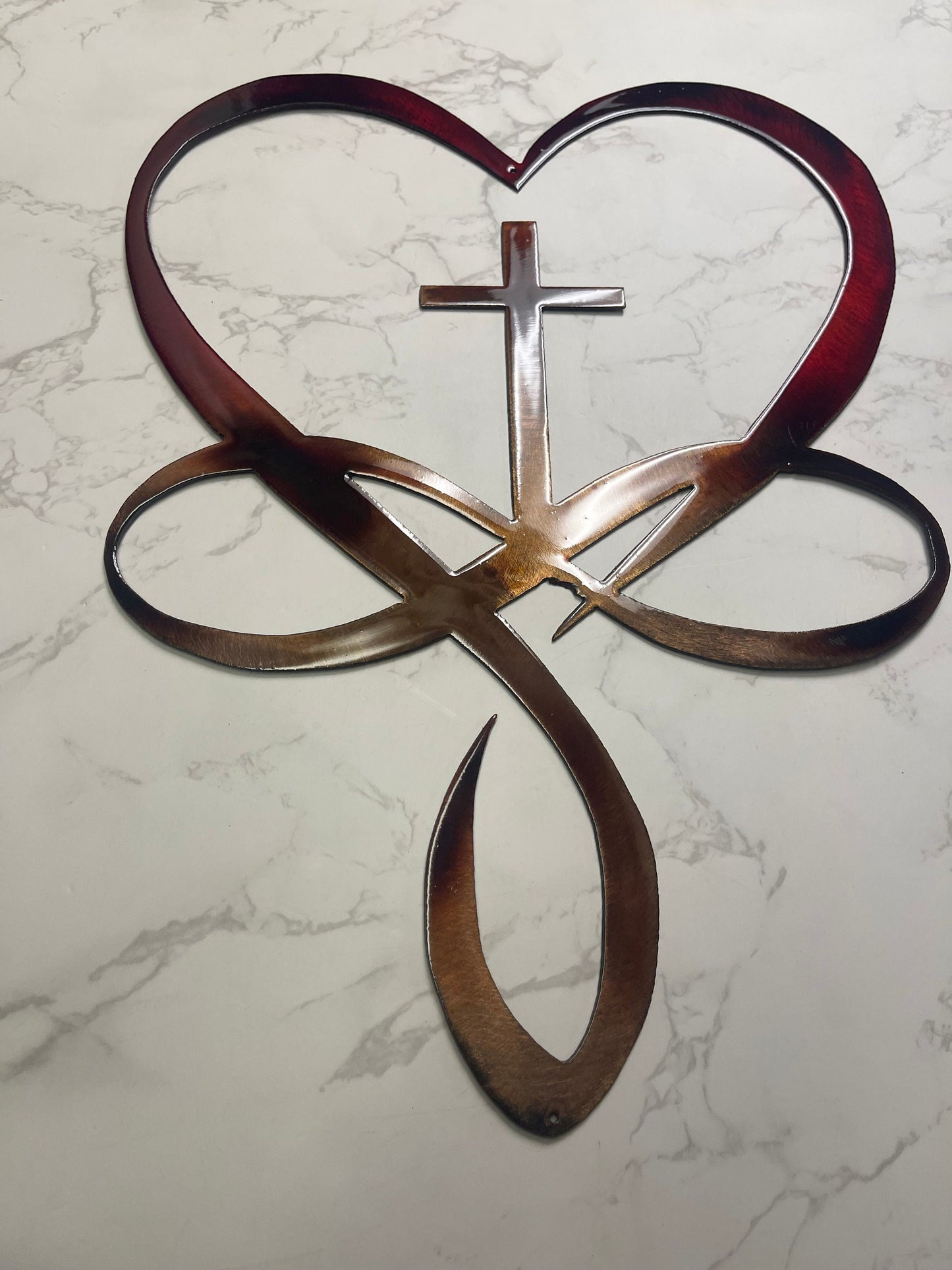 Eternal Love: Infinity Heart Cross Metal Wall Art - Steel, Copper, Bronze Plated with Red Paint Accents