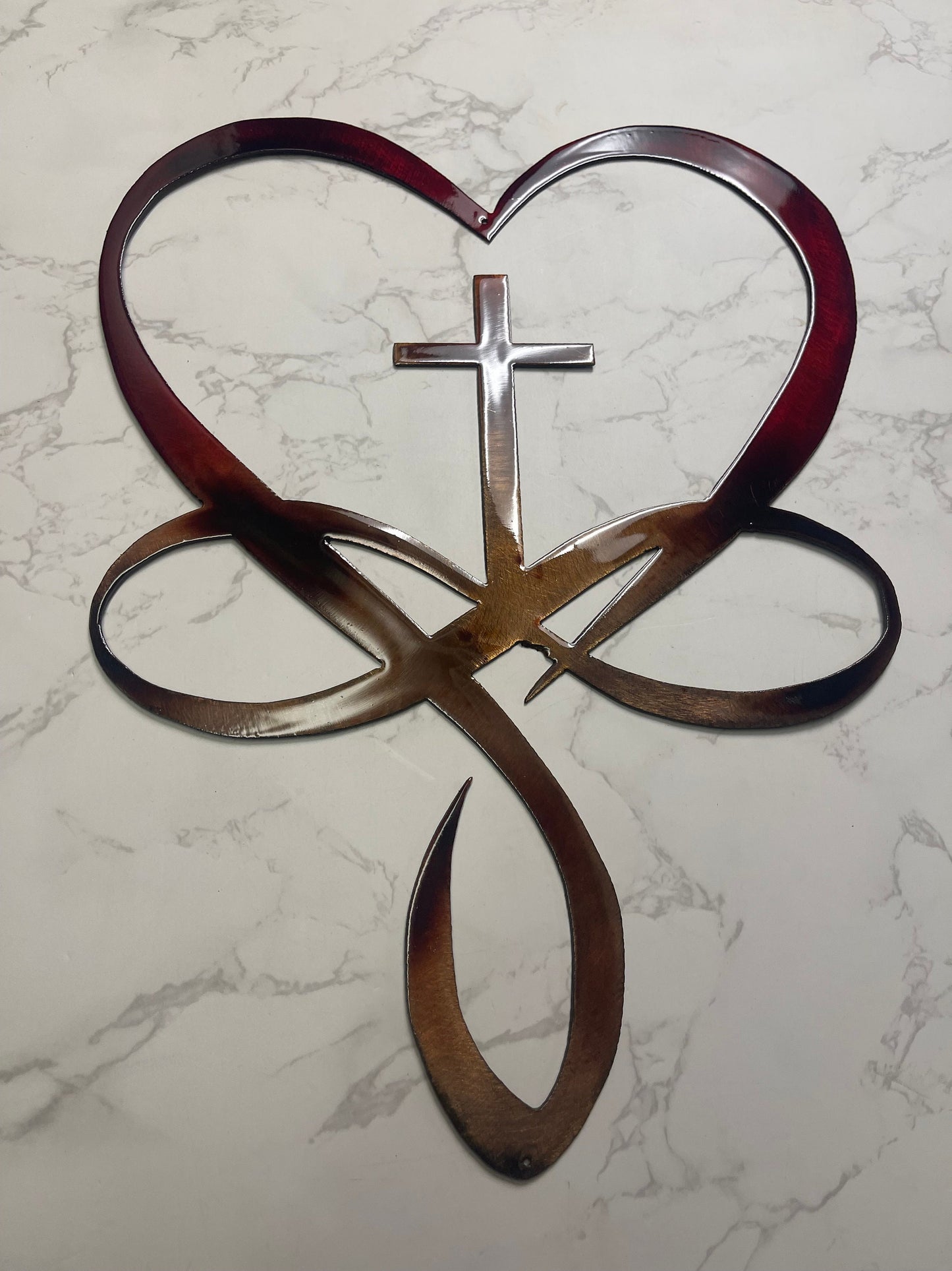 Eternal Love: Infinity Heart Cross Metal Wall Art - Steel, Copper, Bronze Plated with Red Paint Accents