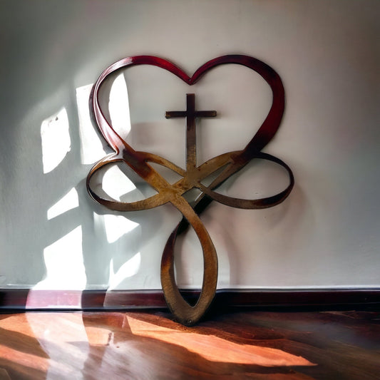 Eternal Love: Infinity Heart Cross Metal Wall Art 42" tall- Steel, Copper, Bronze Plated with Red Paint Accents