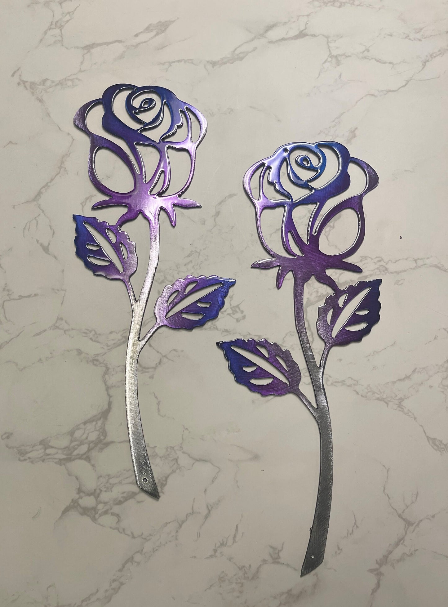 Rose Metal Wall Art Accent Purple & Silver Pair of Roses 12" x 5"