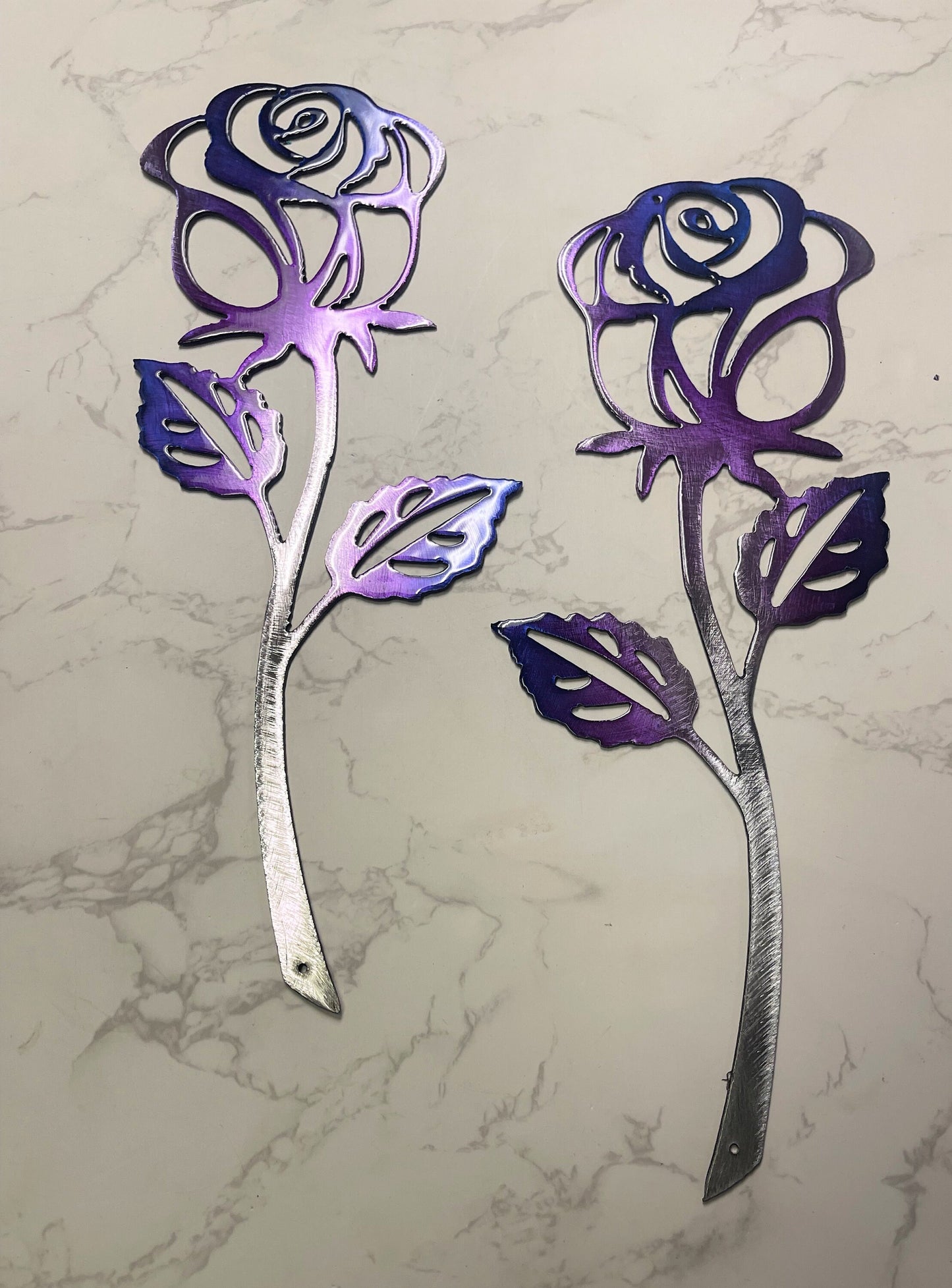 Rose Metal Wall Art Accent Purple & Silver Pair of Roses 12" x 5"