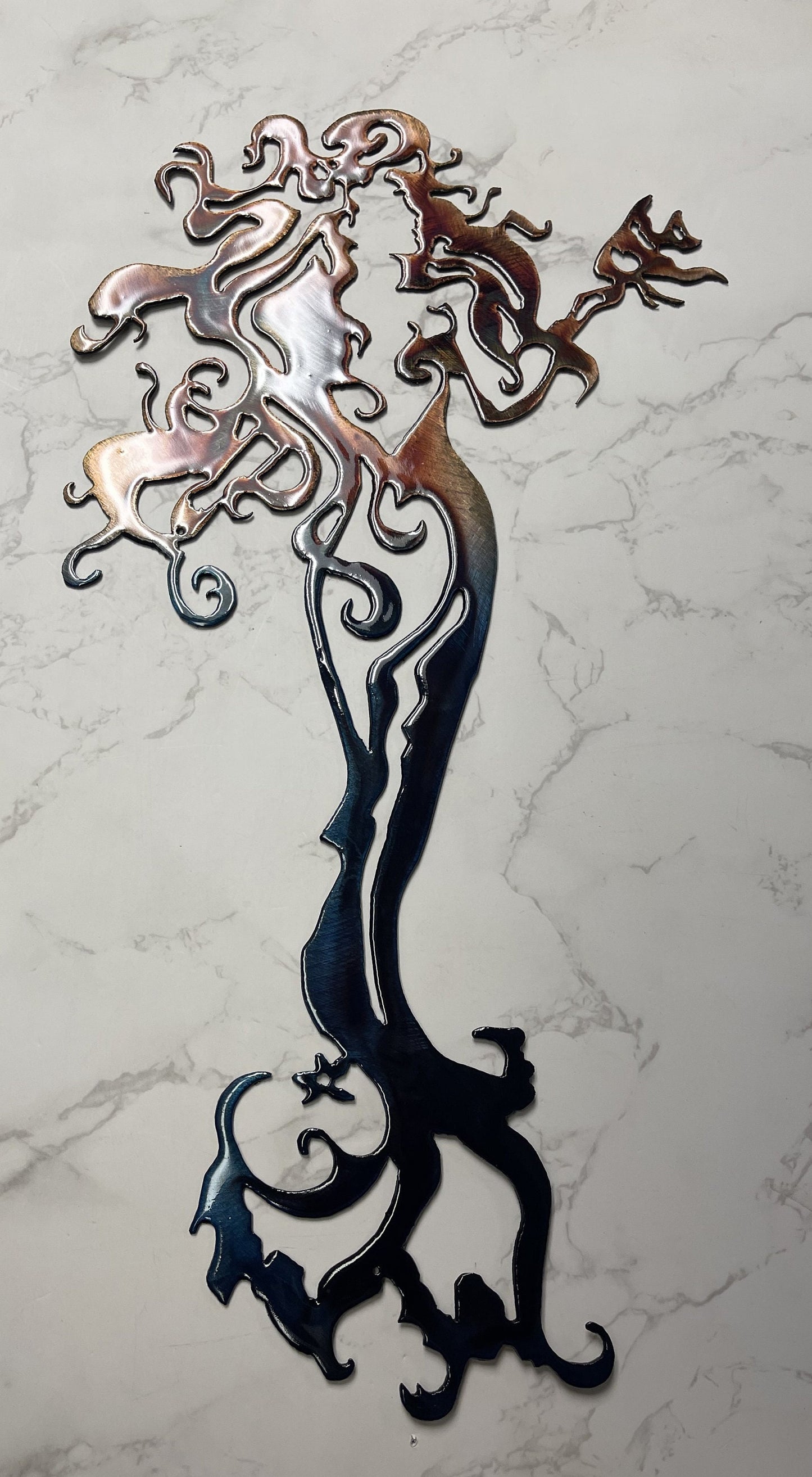 Mermaid Metal Wall Art Tall with Fish Copper and Bronzed and Blue Tinged