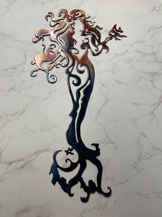 Mermaid Metal Wall Art Tall with Fish Copper and Bronzed and Blue Tinged