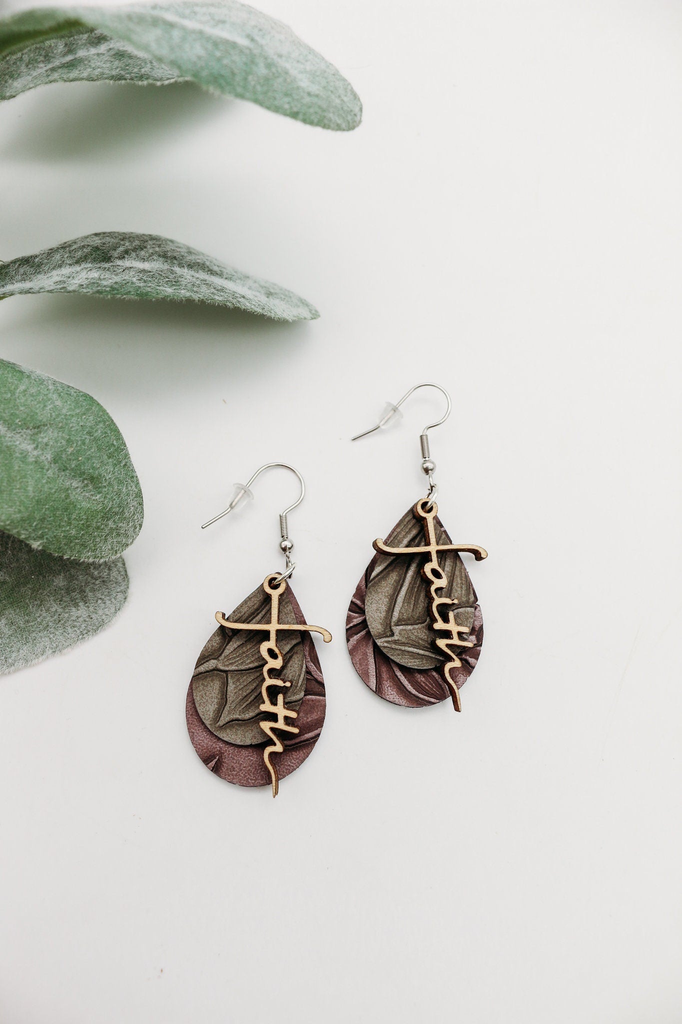 Faithful Cross Charms: Dangle Earrings with Faux Leather Backing