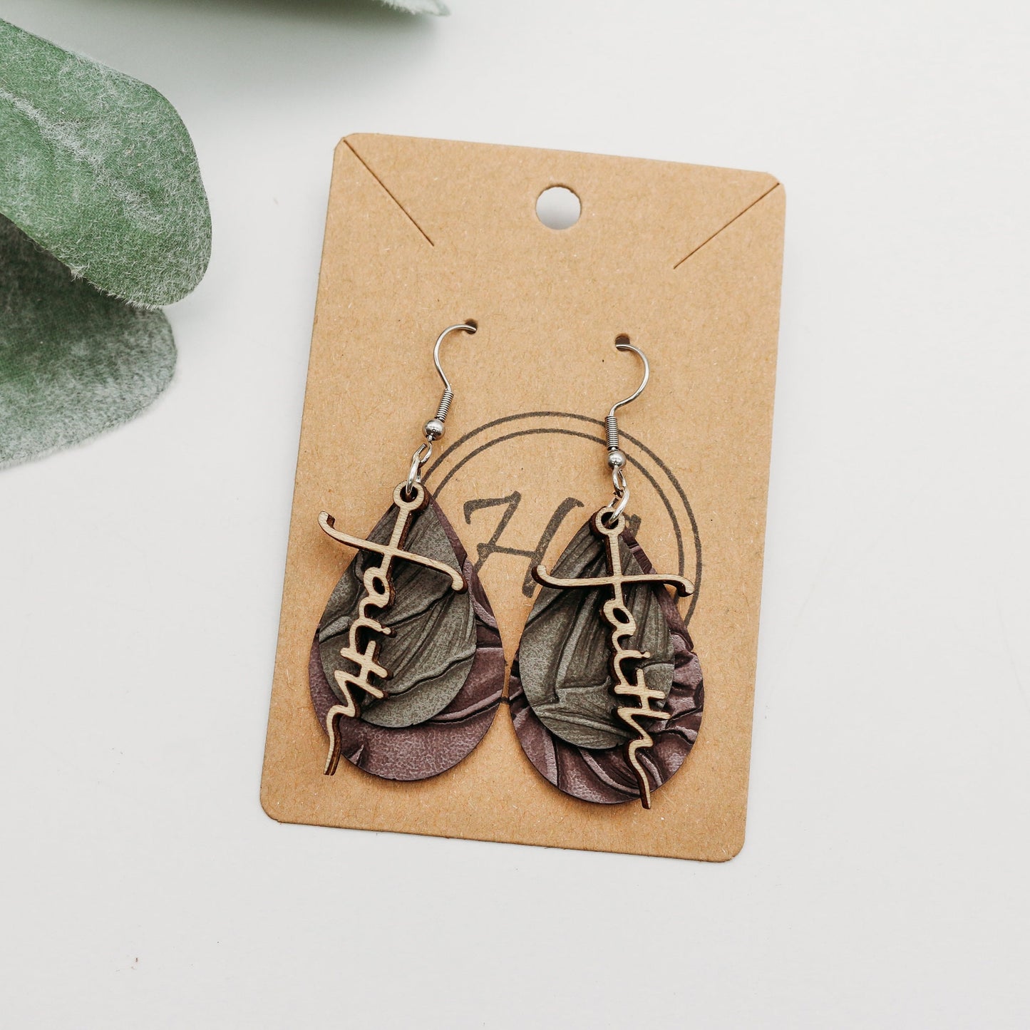 Faithful Cross Charms: Dangle Earrings with Faux Leather Backing