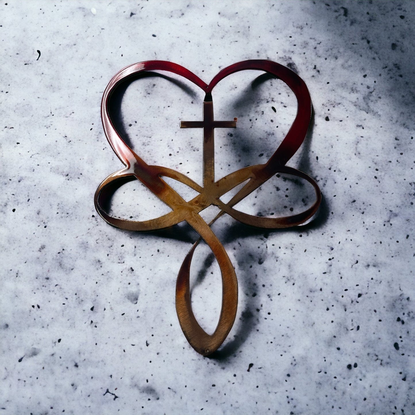 Eternal Love: Infinity Heart Cross Metal Wall Art - Steel, Copper, Bronze Plated with Red Paint Accents