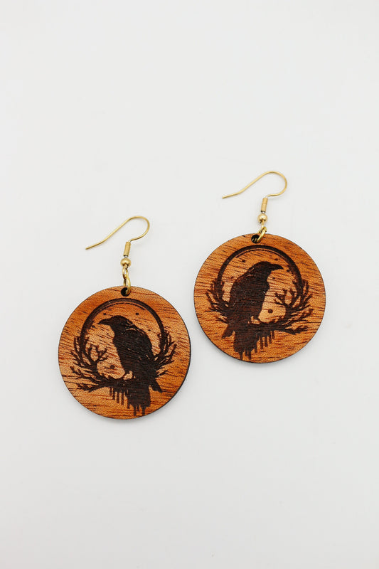 Raven Circle Drop Dangle Earrings | Handcrafted Wood Jewelry