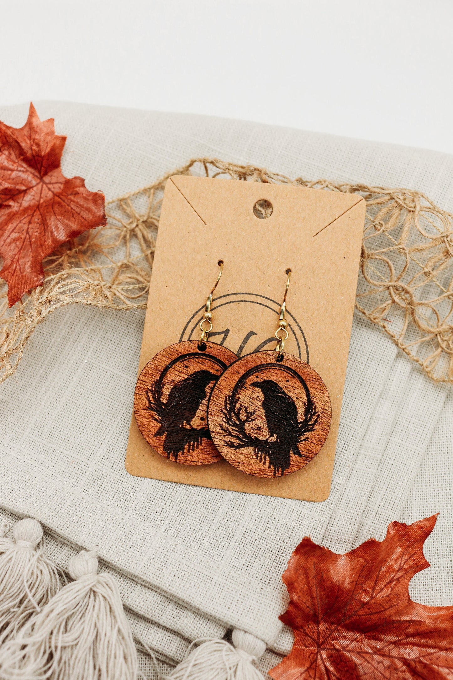 Raven Circle Drop Dangle Earrings | Handcrafted Wood Jewelry