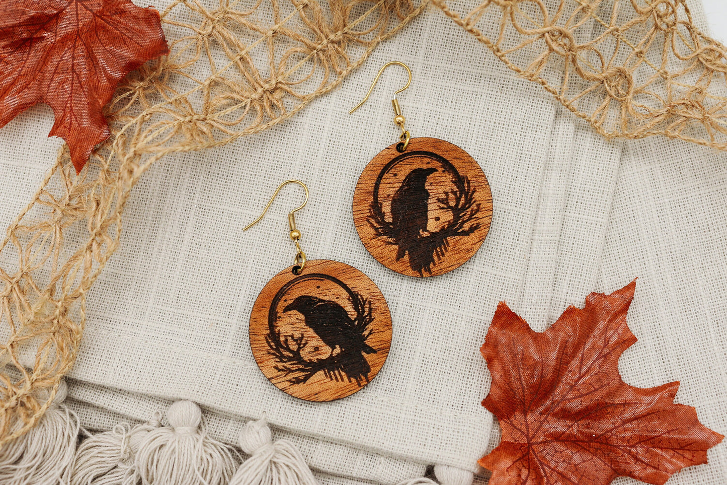 Raven Circle Drop Dangle Earrings | Handcrafted Wood Jewelry