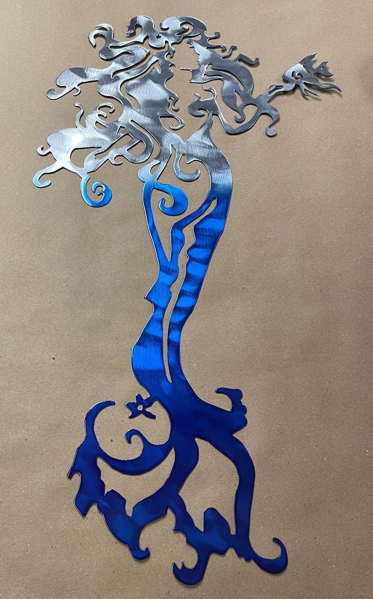 Tall Mermaid with a Fish - Metal Wall Art  Blue Tinged