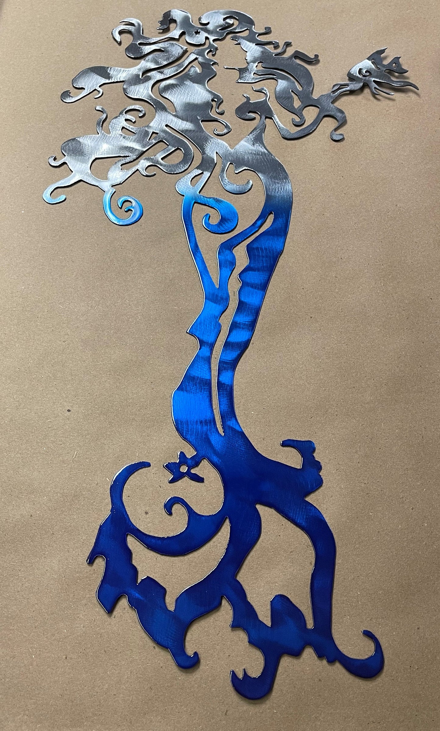 Tall Mermaid with a Fish - Metal Wall Art  Blue Tinged