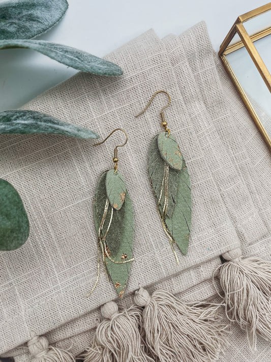 Sage Green and Gold Layered Feathered Earrings - Boho Chic Dangles