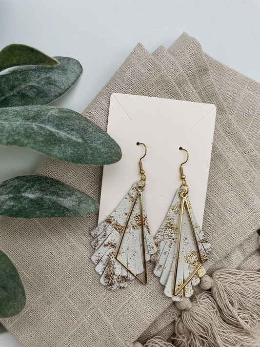 White and Gold Fringed Leather Earrings - Boho Glam with Golden Triangle Accent